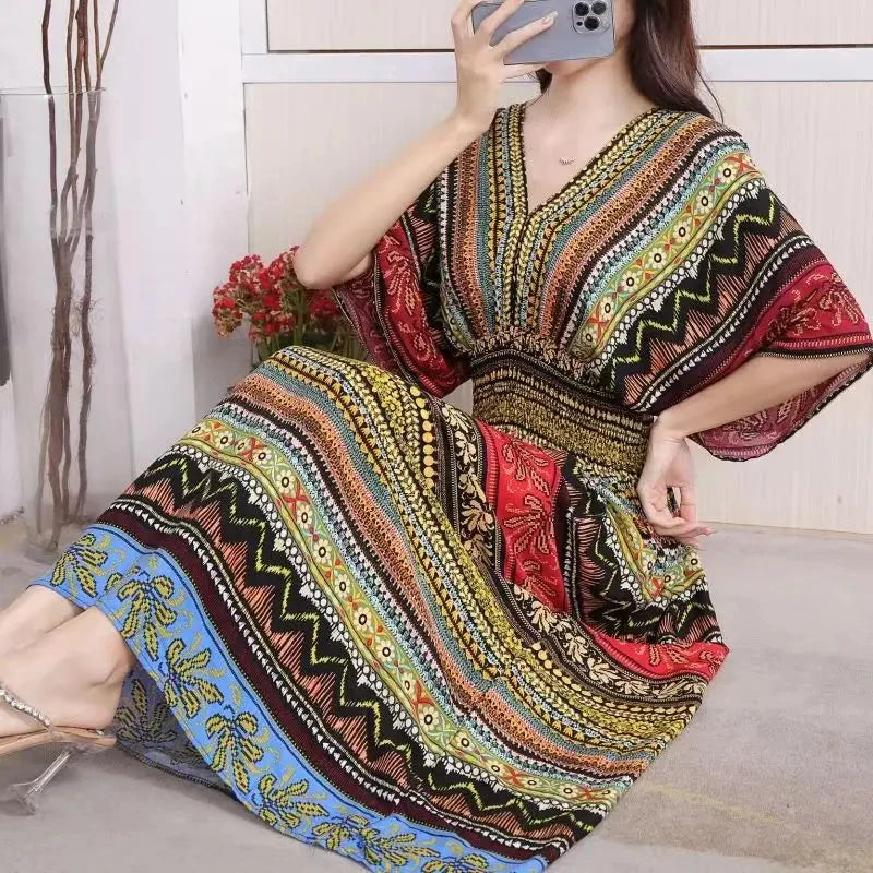 Bohemian Dress New Midi Dress Striped Colorful Flower V-Neck Party Dress Elastic Waist Large Swing Skirt Youthful Woman Clothes