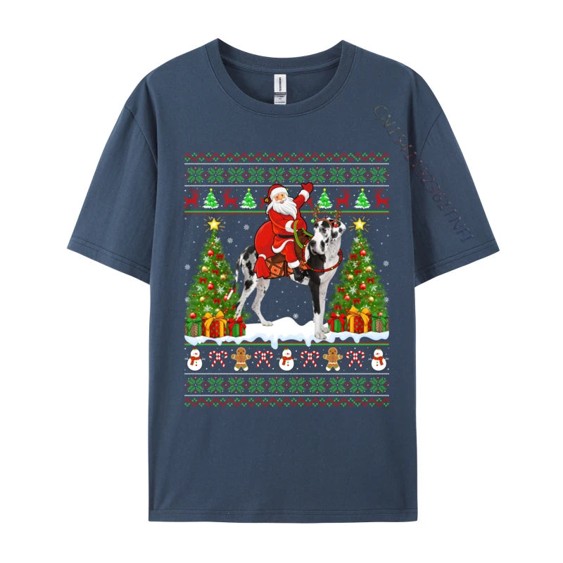 Xmas Sweater Ugly Santa Riding Great Dane Dog Christmas T Shirt Novelty Tees Classic Crew Neck T-Shirts Gift Idea Clothing