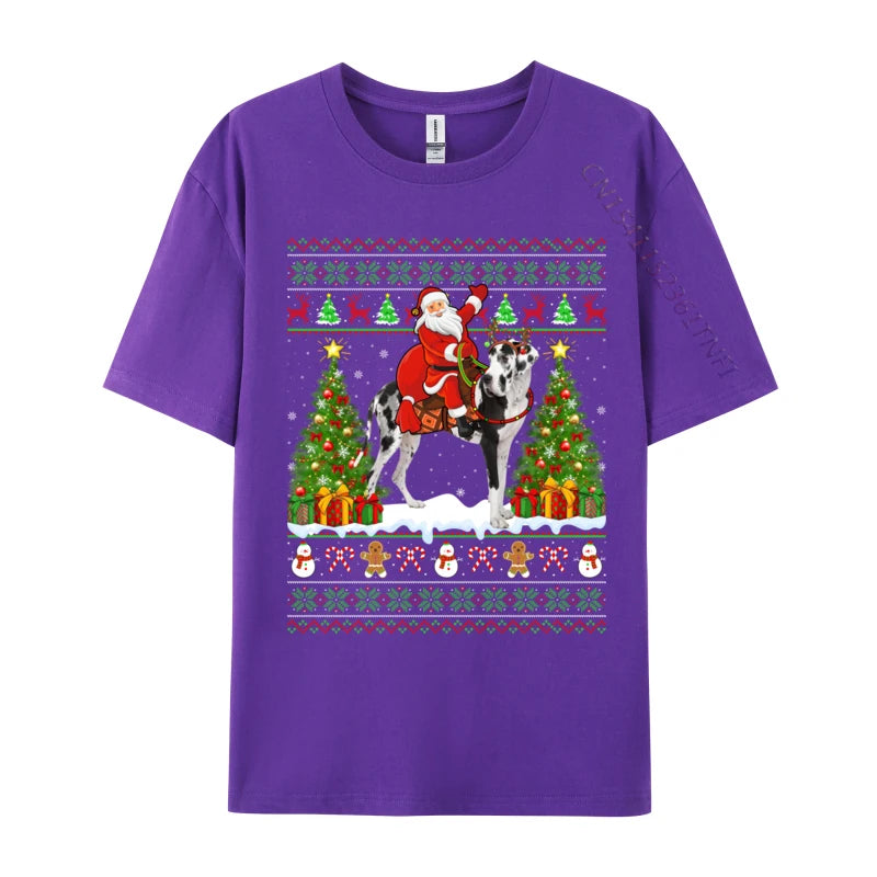 Xmas Sweater Ugly Santa Riding Great Dane Dog Christmas T Shirt Novelty Tees Classic Crew Neck T-Shirts Gift Idea Clothing