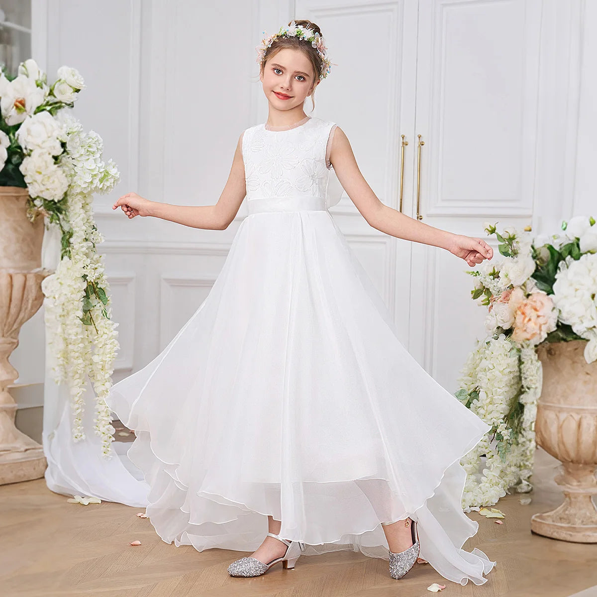 Fashion White Bridesmaids Party Girl Dress Elegant Flower Wedding Princess Prom Gown Kids First Communion Birthday Baptism Dress