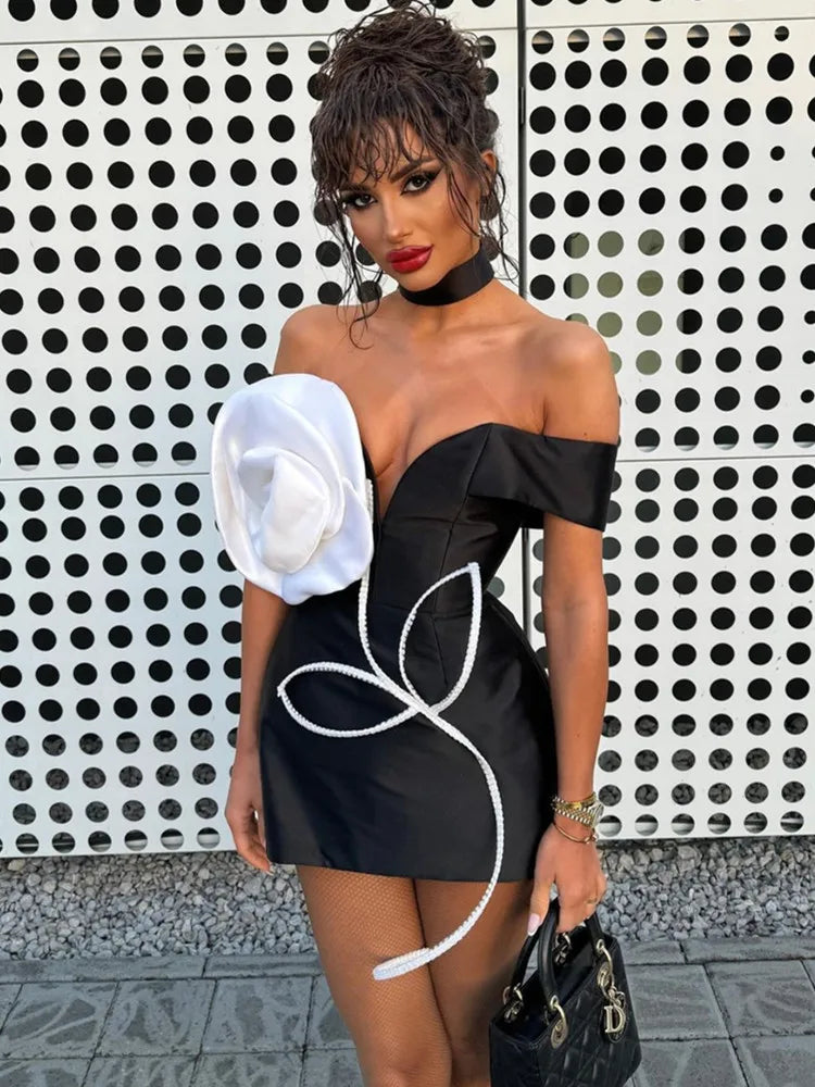 Women Celebrity Sexy Off Shoulder White Flower Black Mini Bodycon Bandage Dress 2025 Elegant Evening Club Party Dress