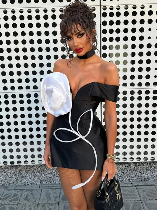 Women Celebrity Sexy Off Shoulder White Flower Black Mini Bodycon Bandage Dress 2025 Elegant Evening Club Party Dress