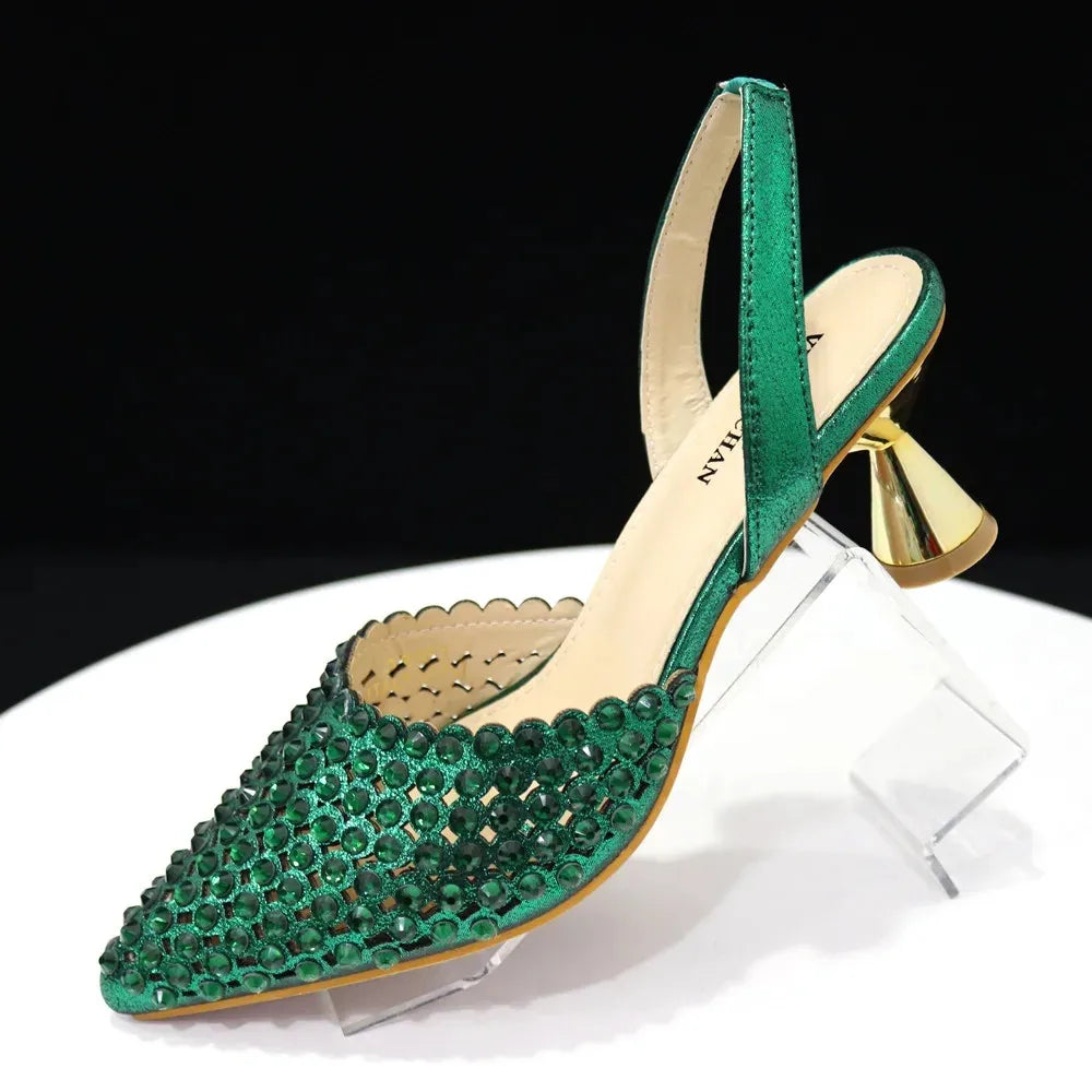 Sandals High Heels for Lady 2025 Luxury Designer Green Color Full Diamond Pointed Toe Wedding Shoe and Bag Set for Party