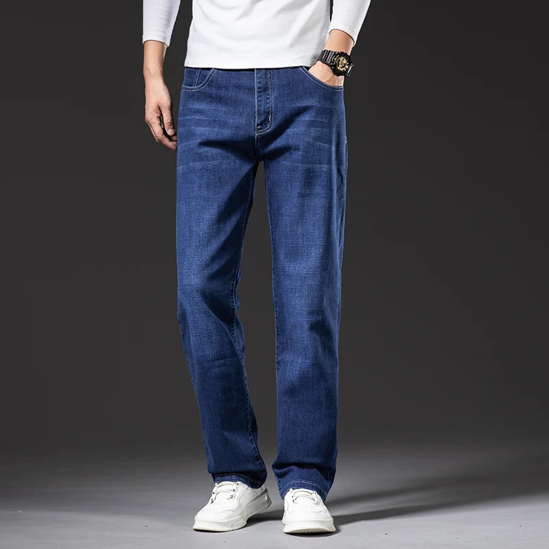 Classic Loose Straight Men's Jeans 2025 Autumn New Business Casual Stretch Cotton Denim Pants Plus Size Trousers 42 44 46