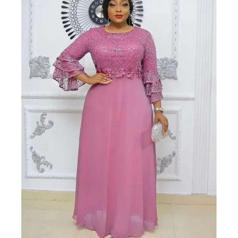 Plus Size African Party Dresses for Women New Fashion Dashiki Ankara Lace Wedding Gowns Elegant Turkey Muslim Long Maxi Dress