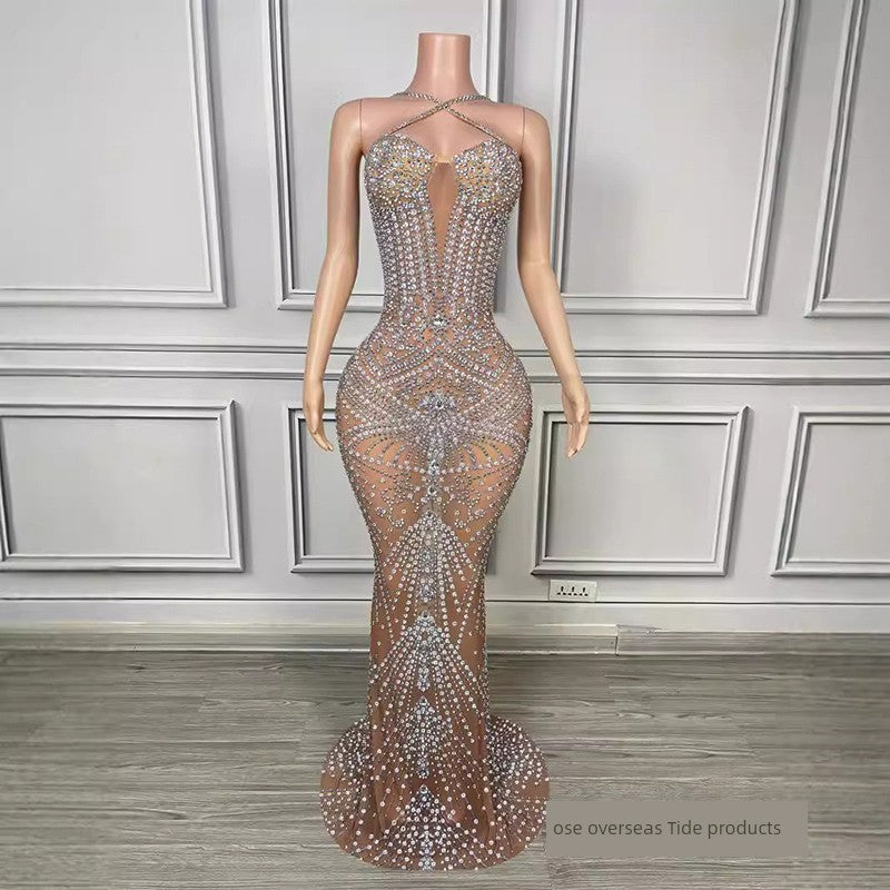 Halterneck Light Diamond Sexy See-through Birthday Party Dress Catwalk Show Fashion Women's Wear Music Festival Singer Costume