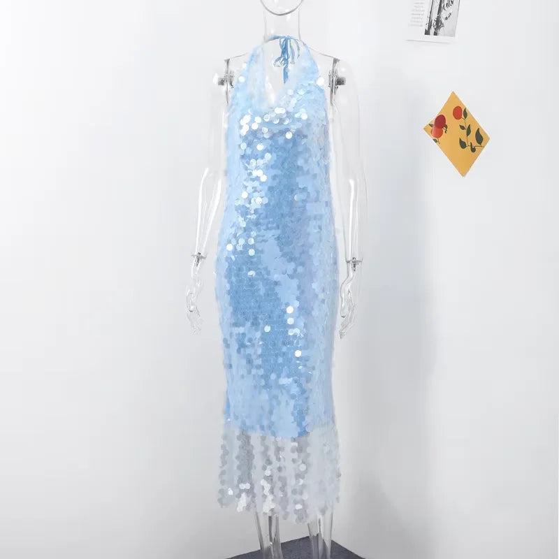 Euphoria Sequin Backless Party Dress Women Chic Sleeveless Lace Up Blue Female Evening Dresses 2025 Lady Bodycon Robe