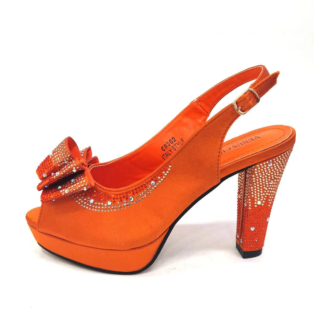 Big Sales Orange Color Peep Toe Comfortables Heels Slipper with Ctystal Bag For Nigerian Women Wedding Party Pump