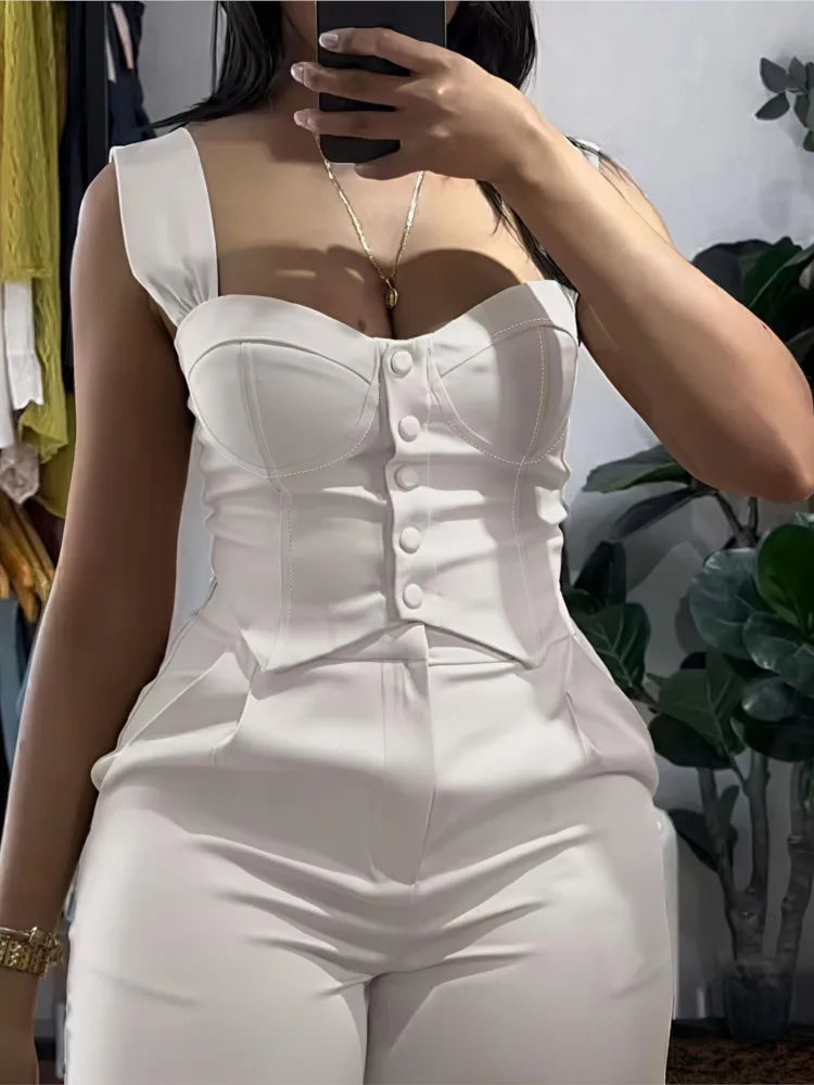 Chic Women Suit Sexy Two Piece Set Summer Sleeveless Slim Vest And Wide-leg Trouser Sets Elegant Solid Pants Women's Outfit