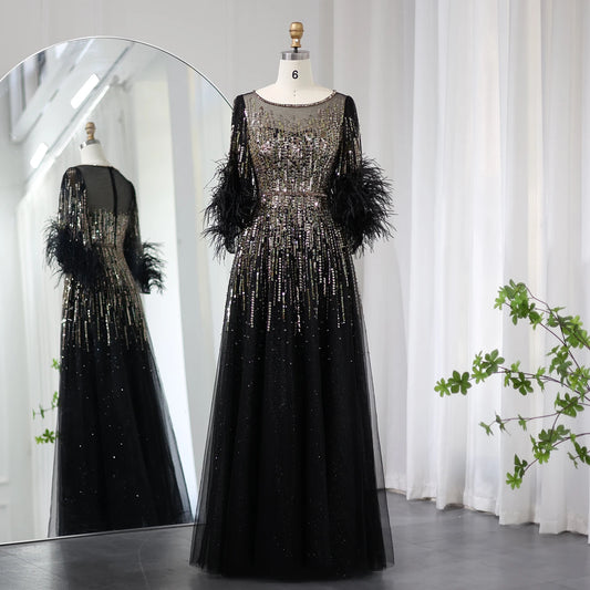 Sharon Said Luxury Feathers Black Dubai Evening Dress for Women Fuchsia Arabic Half Sleeve Wedding Party Dress SS339 Customized