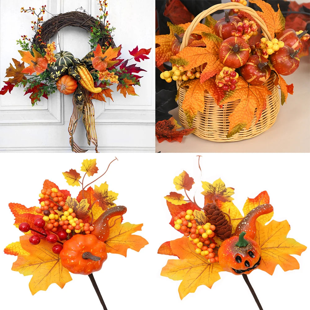 1pc Artificial Maple Leaf Pumpkin Berry Branches Autumn Harvest Home Table Ornament Thanksgiving Halloween Party Decorations
