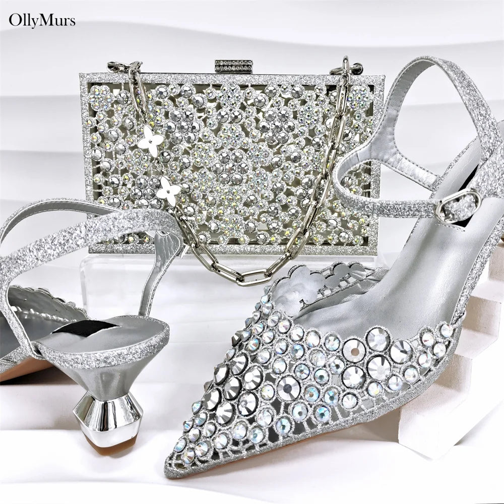 African Elegant Rhinestone Women Pumps Shoes And Bag Set Summer Fashion Sandal High Heels Shoes And Purse Set For Party Dress