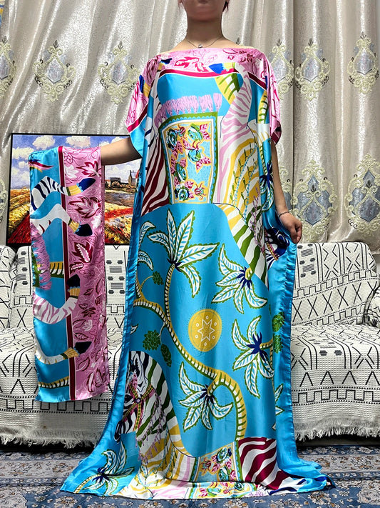Abayas For Women 2025 Printed Floral Silk Satin Loose Femme Robe African Nigeria Dubai Party Evening Dresses With Belt Turban