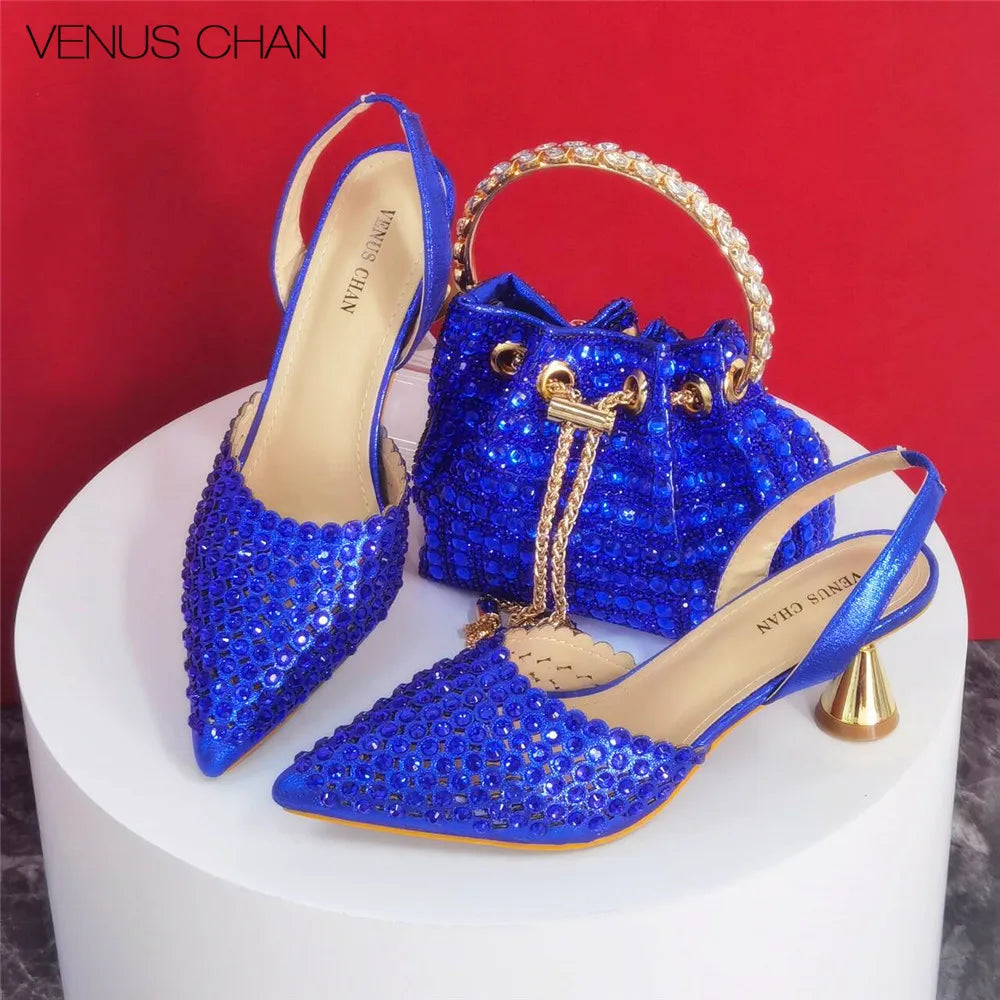 Sandals High Heels for Lady 2025 Luxury Designer Green Color Full Diamond Pointed Toe Wedding Shoe and Bag Set for Party