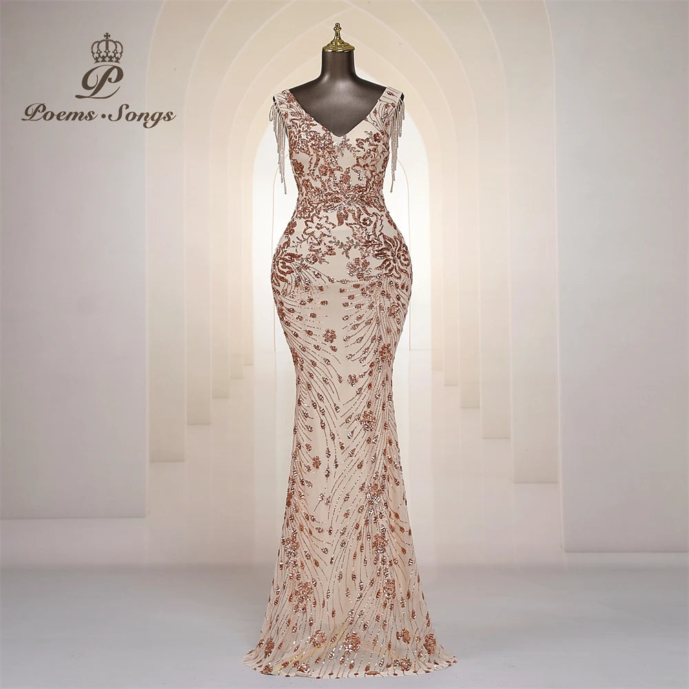 Sexy beaded sleeves Mermaid Evening Dresses For Women Prom Dresses Maxi dress Party dress Beautiful evening gowns