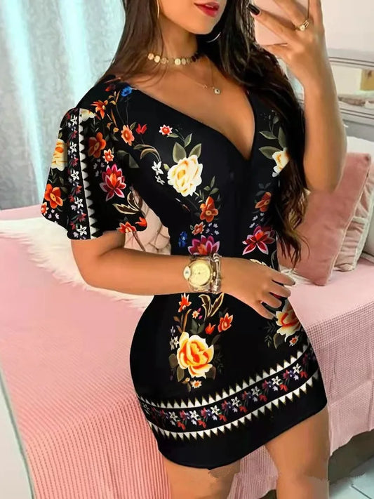 Summer Elegant Floral Print Bodycon Mini Dress Women Fashion Sexy Deep V-neck Package Hip Dresess Office Lady Party Dress
