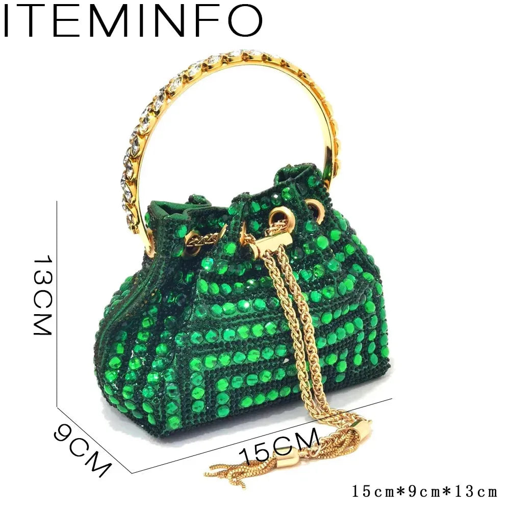 Sandals High Heels for Lady 2025 Luxury Designer Green Color Full Diamond Pointed Toe Wedding Shoe and Bag Set for Party