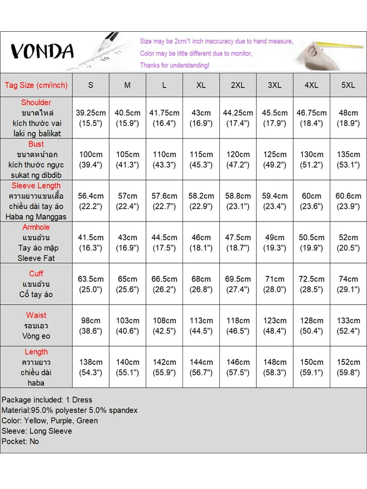 Plus Size VONDA Bohemian Dress Elegant Women Printing Sundress Vintage Flare Long Sleeve Maxi Vestidos O-Neck Robe Summer