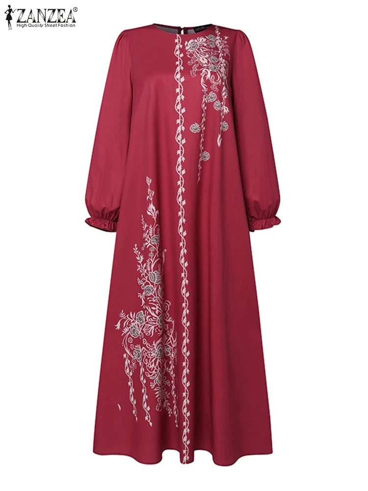 Long Sleeve Islamic Long Robes Abaya Women Muslim Fashion O Neck Casual Vestidos Loose Turkey Floral Printing Maxi Dress