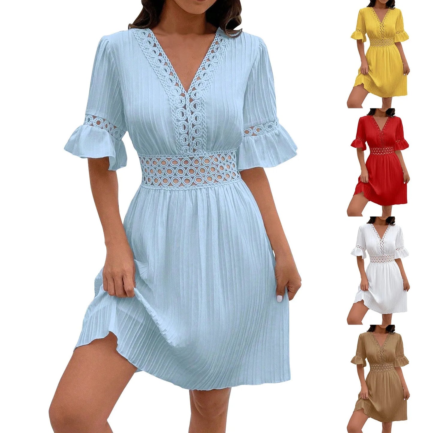 Women Sexy V Neck Flying sleeve Mini Dress Summer Hollow Embroidery Lace Patchwork Party Dress Casual Loose Beach A-Line Dress