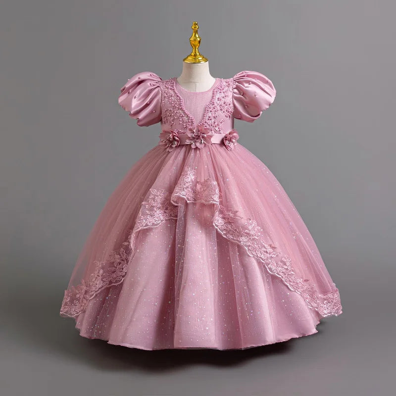 Elegant Girl's Birthday Party Dress for 4-12 Years Old Halloween Princess Dress New Bubble Sleeves Girl's Fluffy Dress