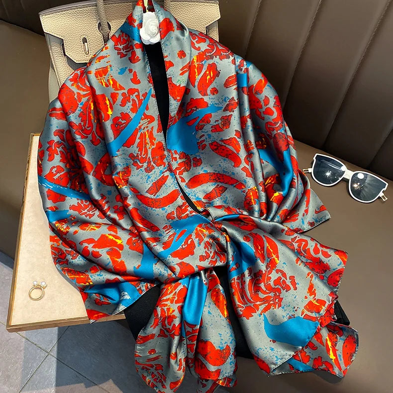 180*90cm Large Silk Satin Scarf Hijab Women Print Spring New Shawl Wrap Female Hand Foulard Pashmina Travel Echarpe 2022 NEW