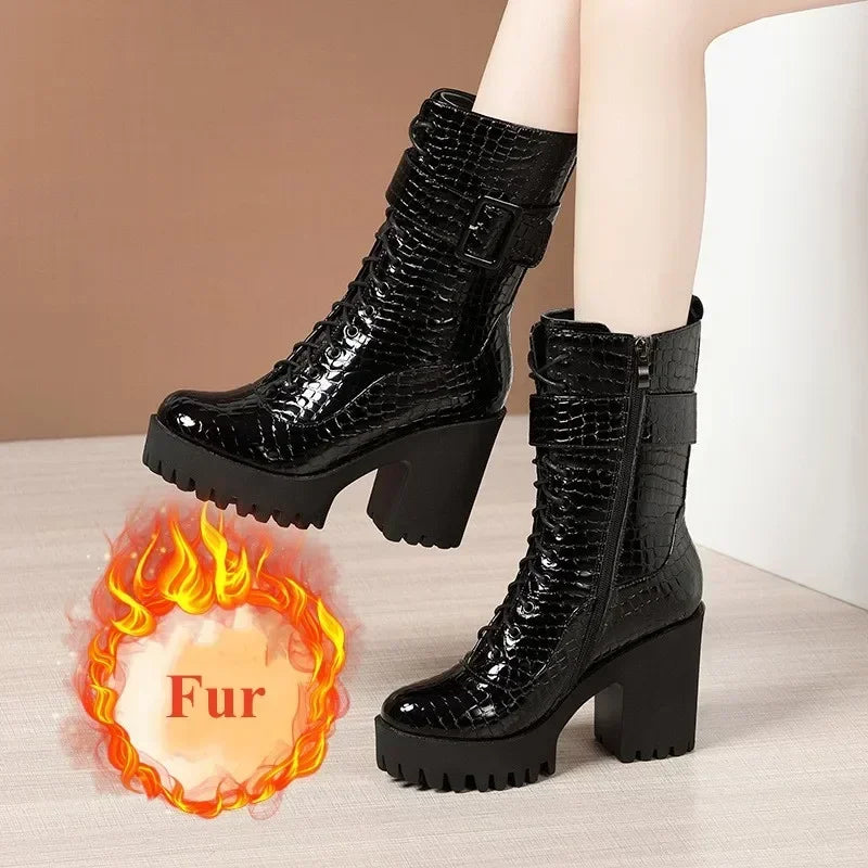 10cm Small Size 32-43 ELegant Block High Heels Boots Patent Leather Shoes 2024 Winter Thick Buckle Platform Botas with Fur