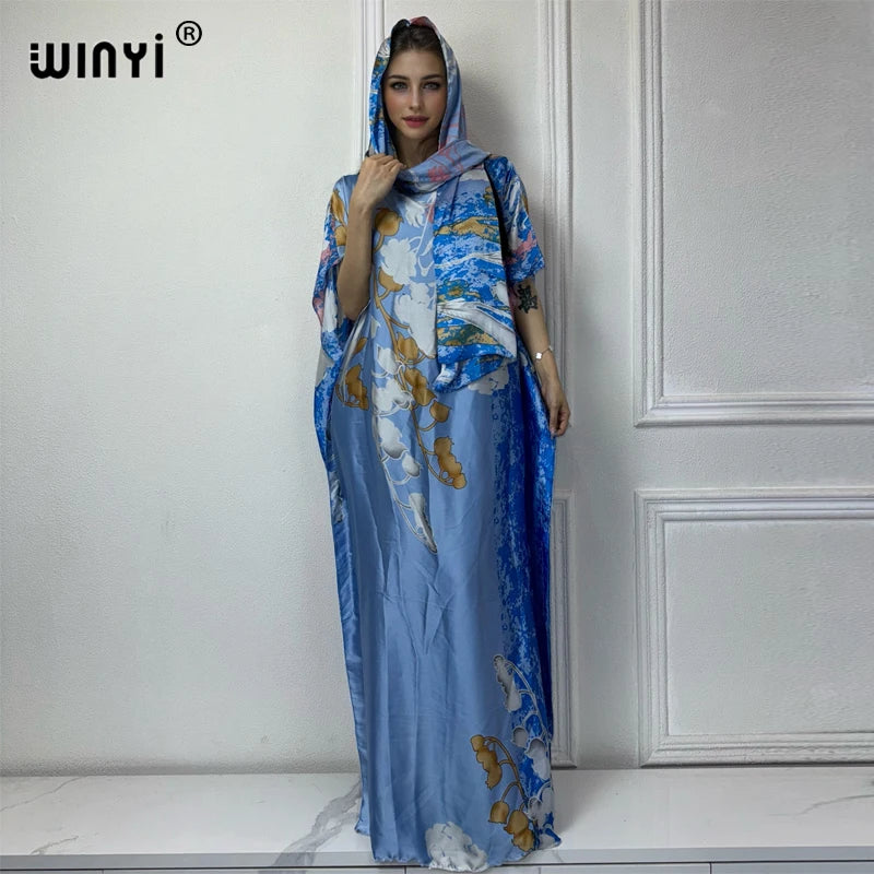 WINYI 2025 New African Women Dashiki boho print muslim woman dubai Free Size Design With Scarf Maxi Loose African Elegant Dress