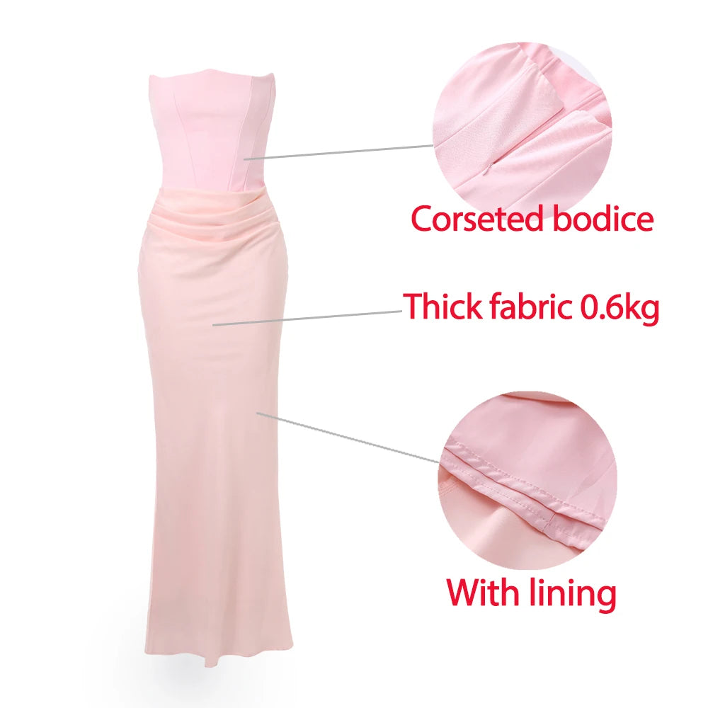 Mingmingxi Women's Evening Dress Strapless Pink Prom Party Dresses Sexy Satin Long Corset Dress Elegant Maxi Gala Dresses