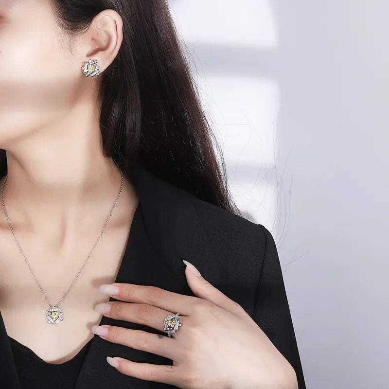 Summer New Necklace Ring Earrings Topaz Stone Yellow Crystal for Women Luxurious Party Wedding Fine Jewelry Birthday Gifts