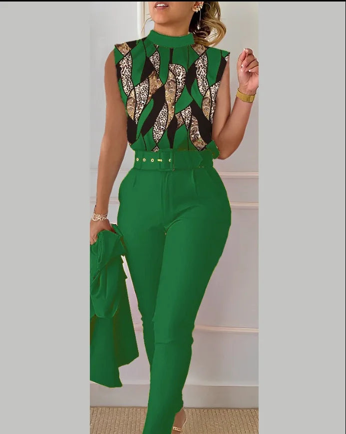 Office For Women Elegant Sleeveless Print Shirt And Pant Set Fashion Casual O-neck Slim Pants Two Piece Set Summer Outfits