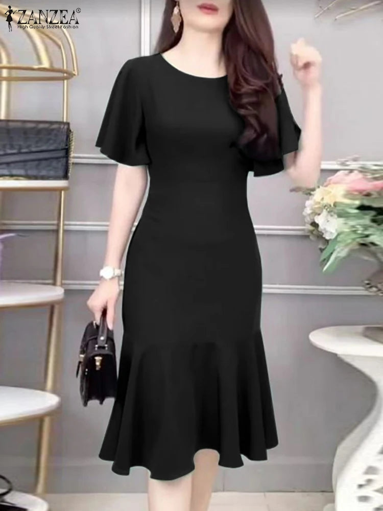 ZANZEA Summer Fashion Ruffles Hem Sundress Elegant Party Dress Female Short Sleeve O-Neck Dresses Woman Vintage Solid Vestidos