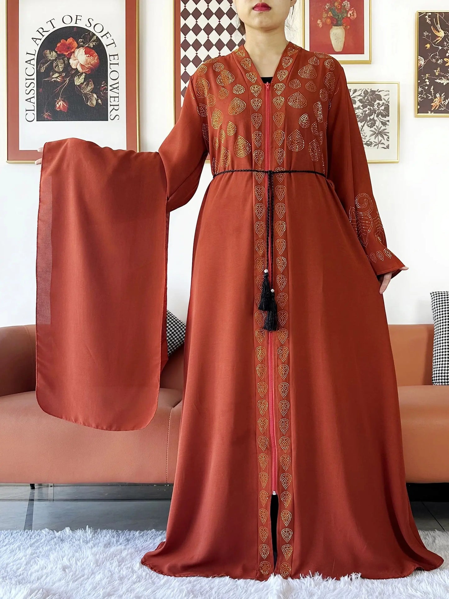 2024 Women Party Dress Chiffon Open Abaya Golden Stones Muslim Women Dress Islamic Clothing Cardigan Abaya Women Muslim Dress