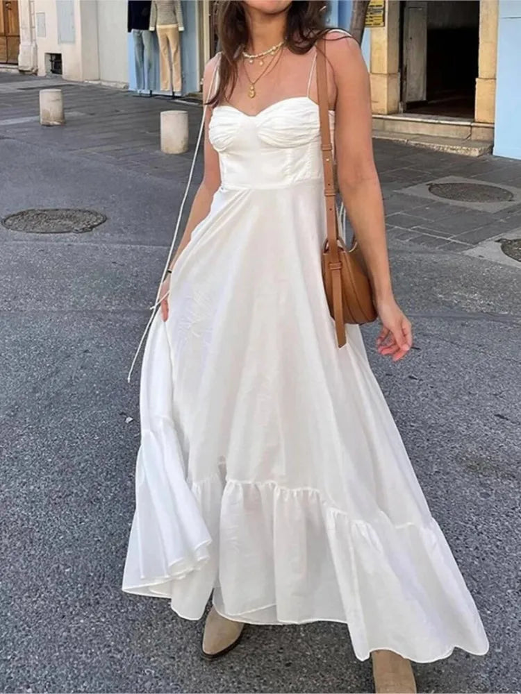 Women's White Party Dress Ruffle Spaghetti Strap Sleeveless Elastic High Waist Maxi Dresses Summer Sexy Evening Female Vestidos