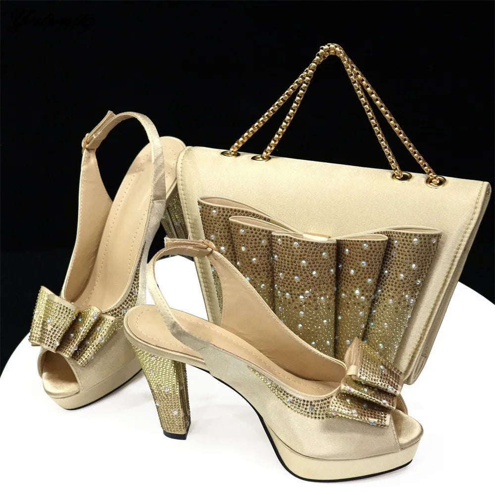 Fashion New Design PU With Rhinestone Woman Shoes And Purse Set Italian Style Sandal Shoes With Matching Bag Set For Party Dress