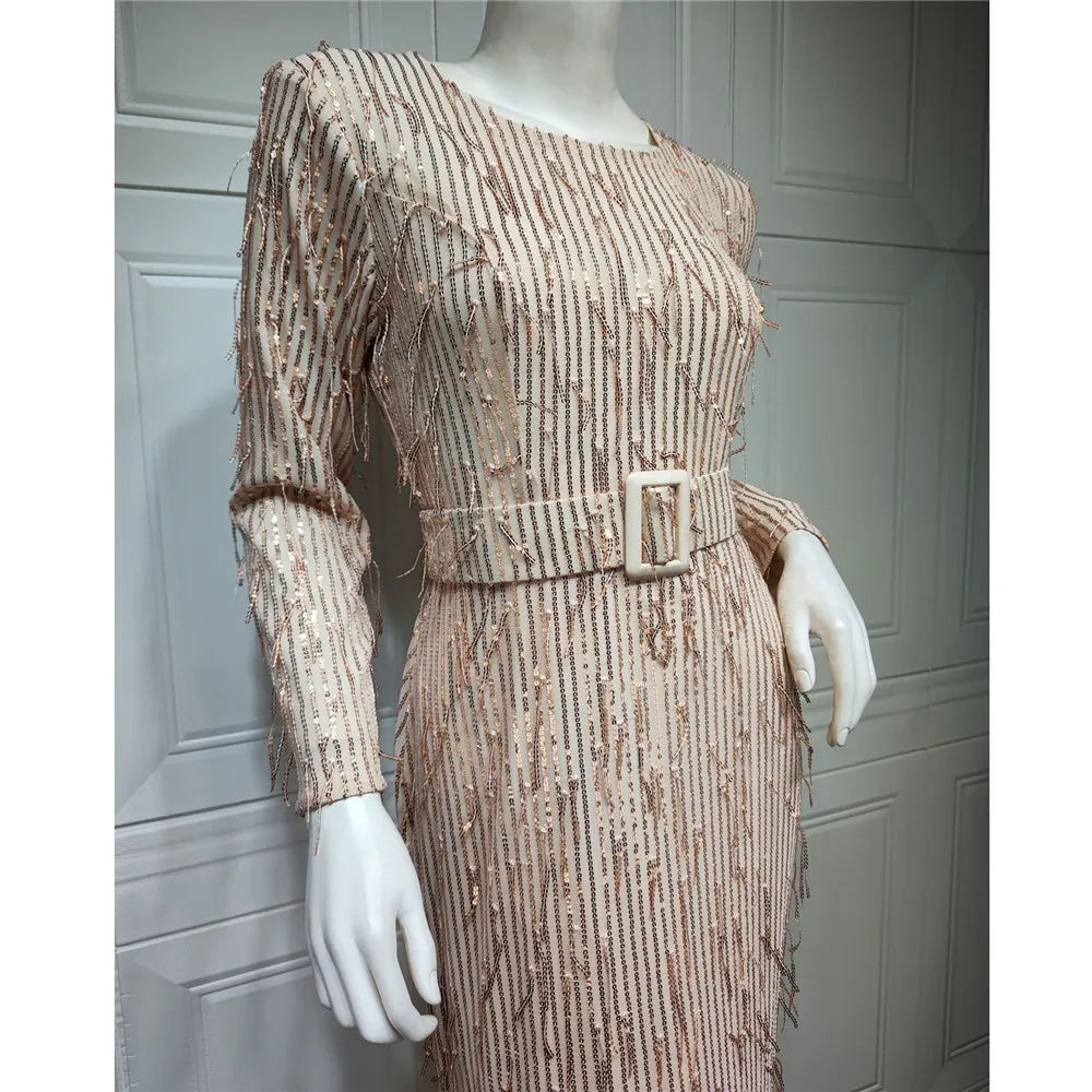 Luxury Sequin Evening Dress Party Maxi Dress Muslim Abaya Women Belted Dress Long Prom Dress Islamic Vestidos Dubai Wedding Gown