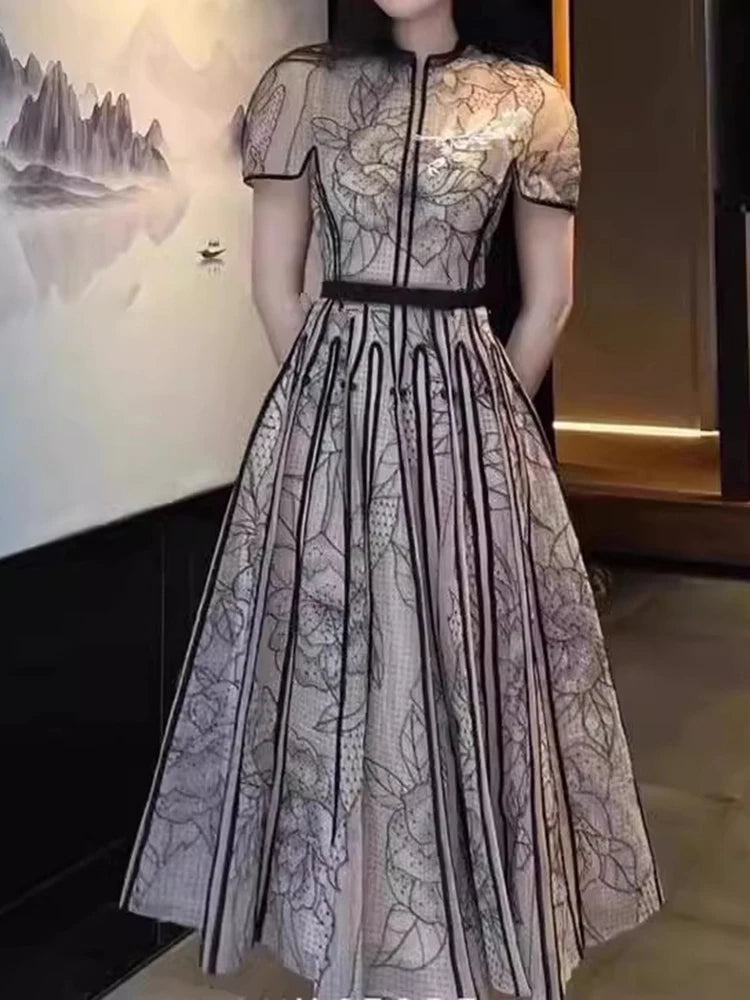 UCXQ Vintage Party Dress Fashion O Neck Short Sleeve Lace Mesh Embroidery Elegant Long Dresses For Women 2025 Spring Summer 8980