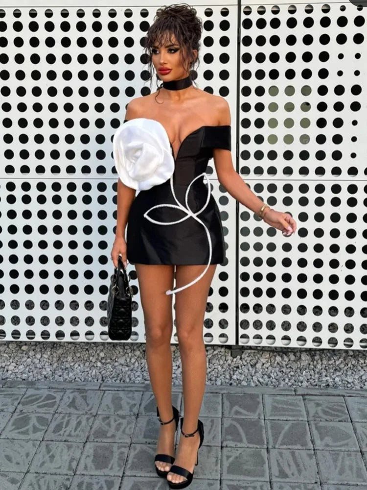 Women Celebrity Sexy Off Shoulder White Flower Black Mini Bodycon Bandage Dress 2025 Elegant Evening Club Party Dress