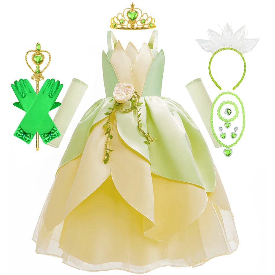 Fancy Girl Princess Tiana Costume Dress The Frog Cosplay Floral LED Light Up Clothing Halloween Girl Kids Christmas Party 2-11T