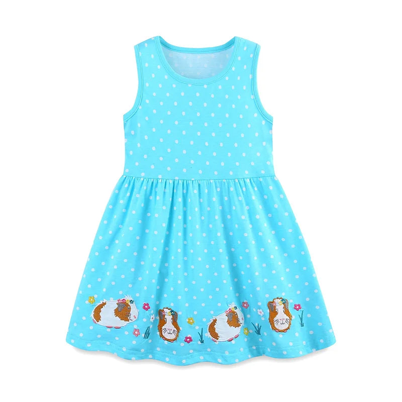 2-7T Summer Sleeveless Princess Dresses Dot Summer Girls Party Dress Animals Embroidery Children's Dresses Frocks Toddler Frocks