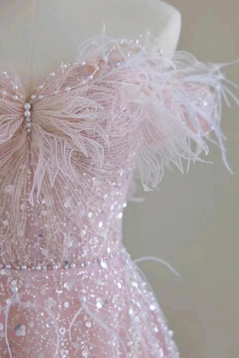 Luxury Pink feather Prom dresses women advanced light luxury a word shoulder fairy Evening dress high-end party gown