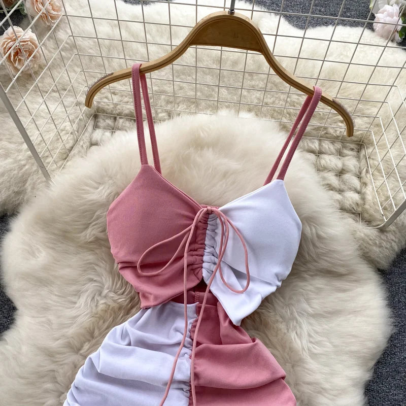 Foamlina Sexy Night Club Dress Women Summer Elegant Color Match Mini Bodycon Dress Strap Sleeveless Cut Out Ruched Party Dress