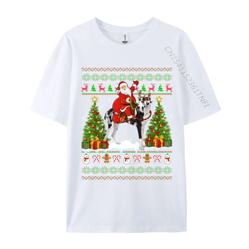 Xmas Sweater Ugly Santa Riding Great Dane Dog Christmas T Shirt Novelty Tees Classic Crew Neck T-Shirts Gift Idea Clothing