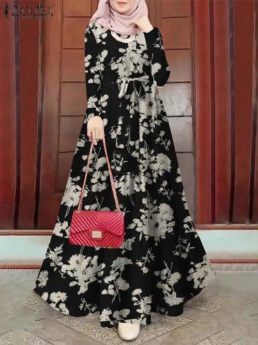 Floral Printed Muslim Dress Long Sleeve Ramadan Turkey Vestidos Vintage Holiday Maxi Robe Kaftan Islamic Abaya