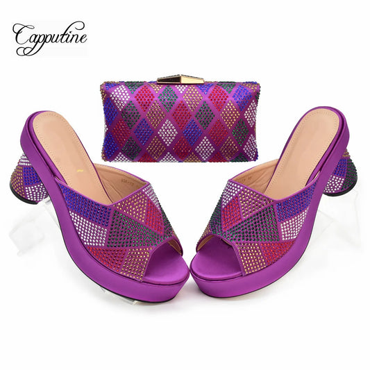 Magenta Women Shoes And Bag Set African High Heels Slippers Match With Purse Handbag Pumps Pantoufle Femme Pantofole 938-78