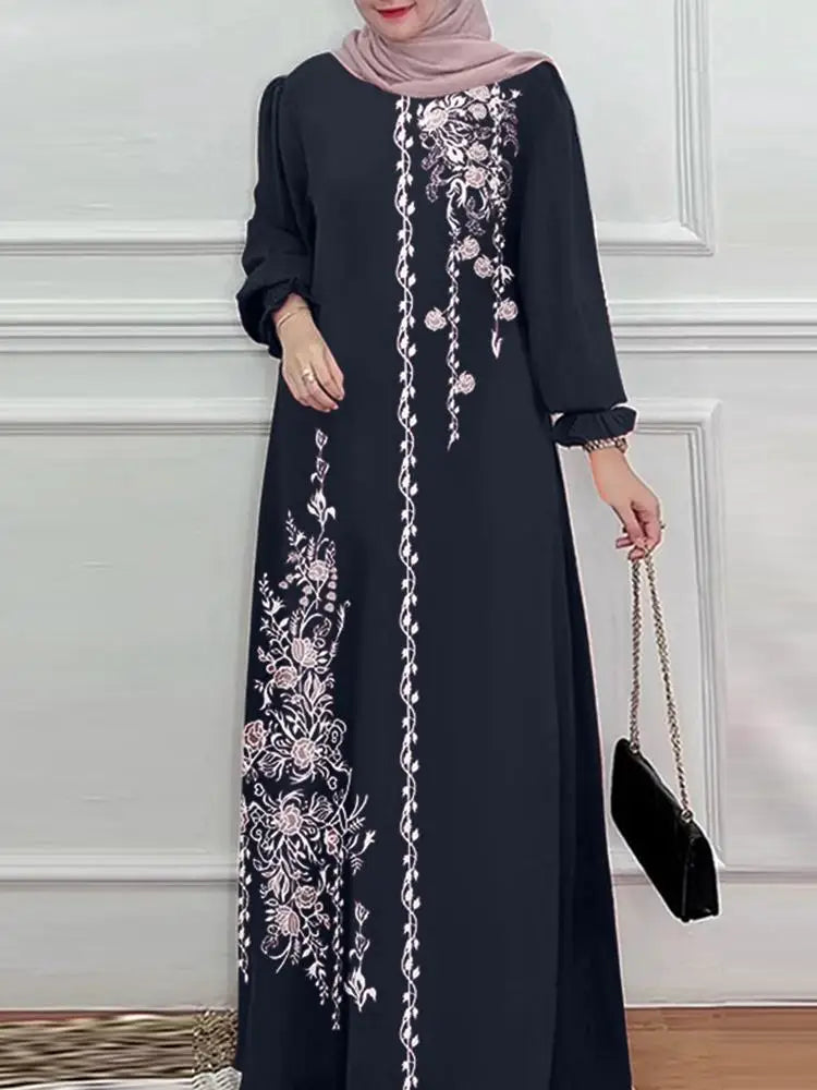 Long Sleeve Islamic Long Robes Abaya Women Muslim Fashion O Neck Casual Vestidos Loose Turkey Floral Printing Maxi Dress