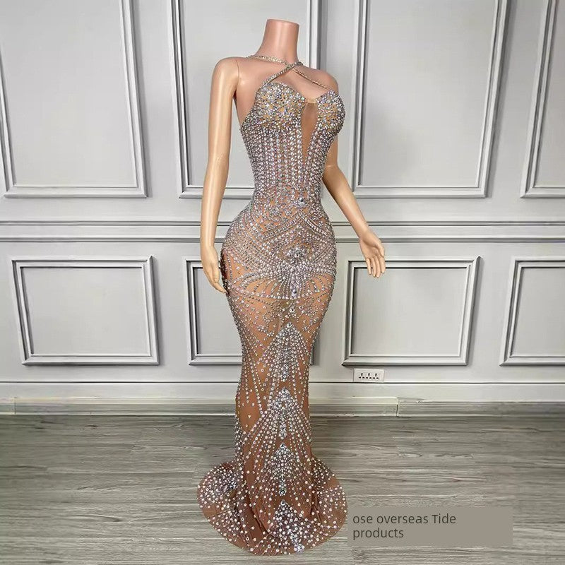 Halterneck Light Diamond Sexy See-through Birthday Party Dress Catwalk Show Fashion Women's Wear Music Festival Singer Costume
