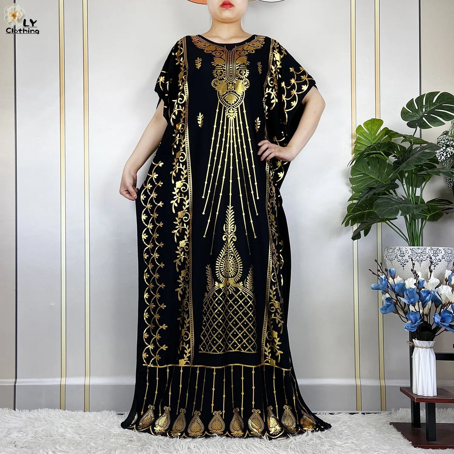 New Muslim Summer Short Sleeve Robe Gold Stamping Boubou Maxi Women Femme Loose Dress With Big Scarf African Abaya Clothes