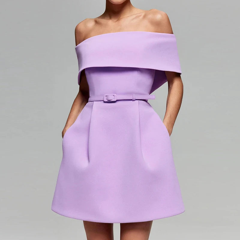 Slash Neck Off The Shoulder Solid Mini Dress, Women Spring Summer Patchwork Simple Party Dress, Short Sleeve Ladies Dress