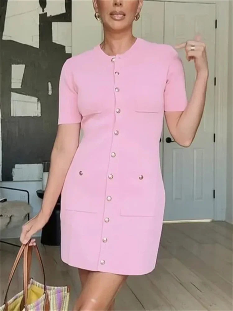 Pocket Knit Female Mini Dress Autumn  Ribbed High Waist Fashion Patchwork Elegant Party Dress Knitwear Cardigan Dress